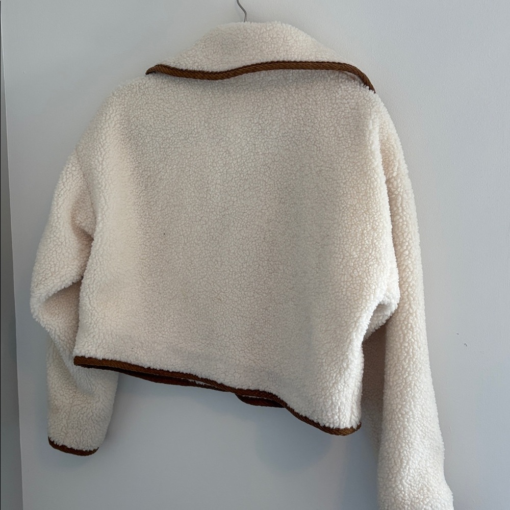 Lush Cream Teddy Jacket with Brown Trim - Picture 3 of 4
